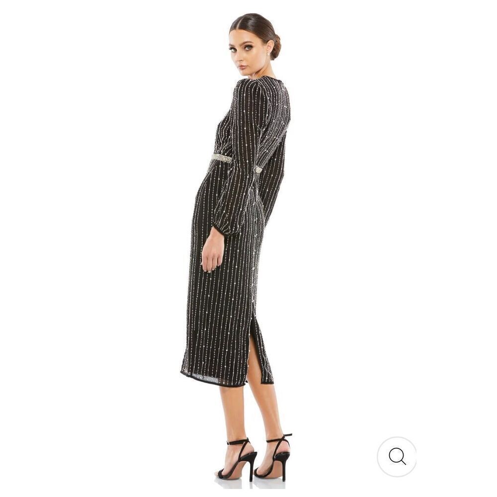 Mac Duggal NWT size 16 long sleeve beaded black midi dress READ NOTES style 9362 - Picture 2 of 16